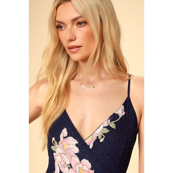 NWT Lulus Loiselle Navy Blue Floral Print Polka Dot Wrap Maxi Dress S M​​​​ - Picture 12 of 14